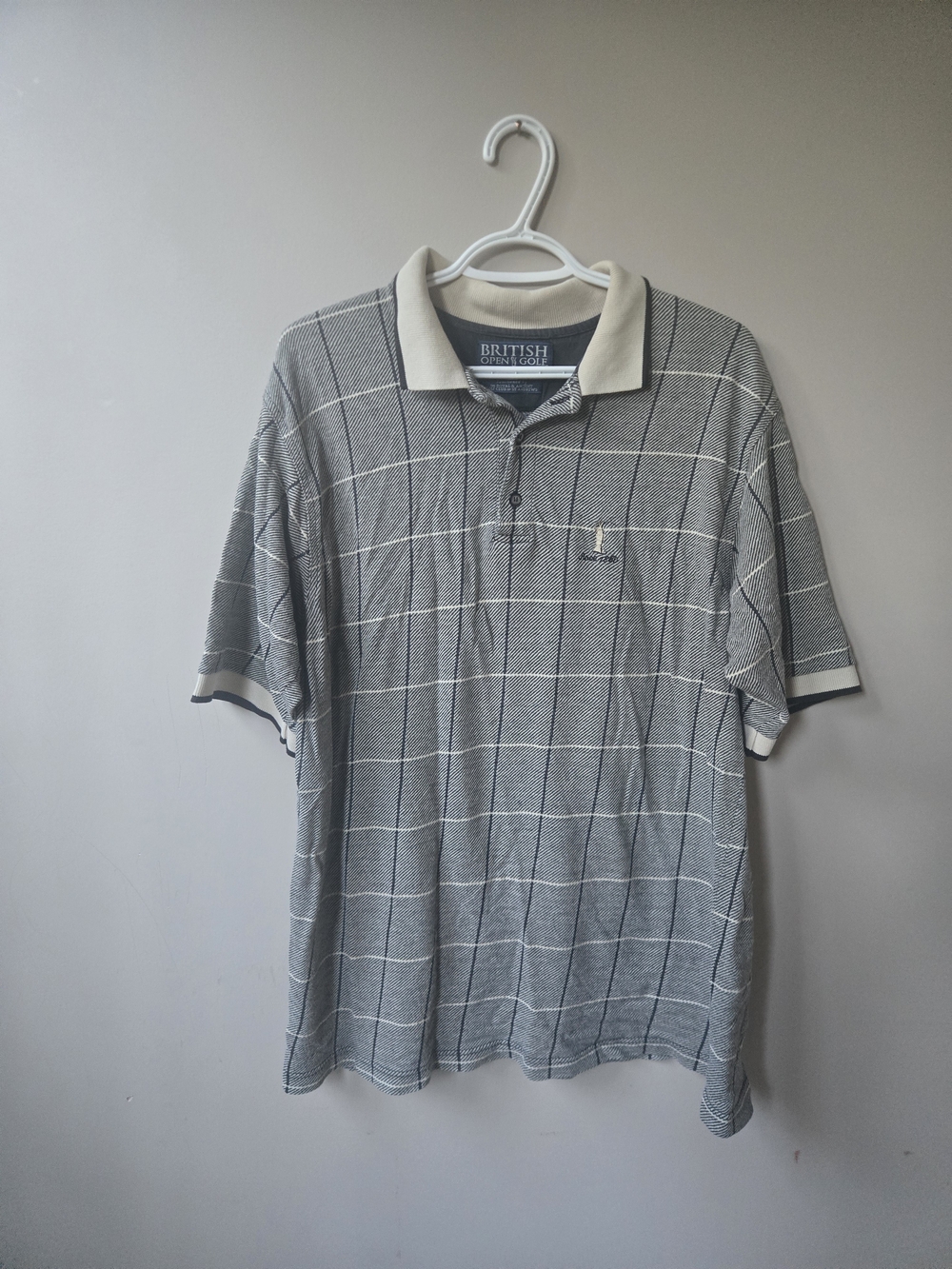 Vintage British Open Golf St Andrews Windowpane Polo Shirt Mens XL Gray